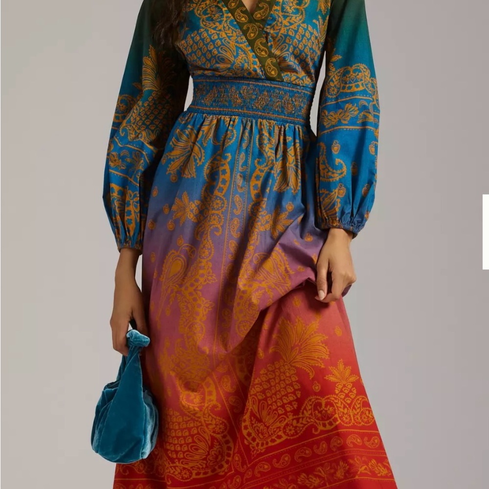 Anthropologie FarmRio Smocked Blue and Orange Long Sleeve Sundress